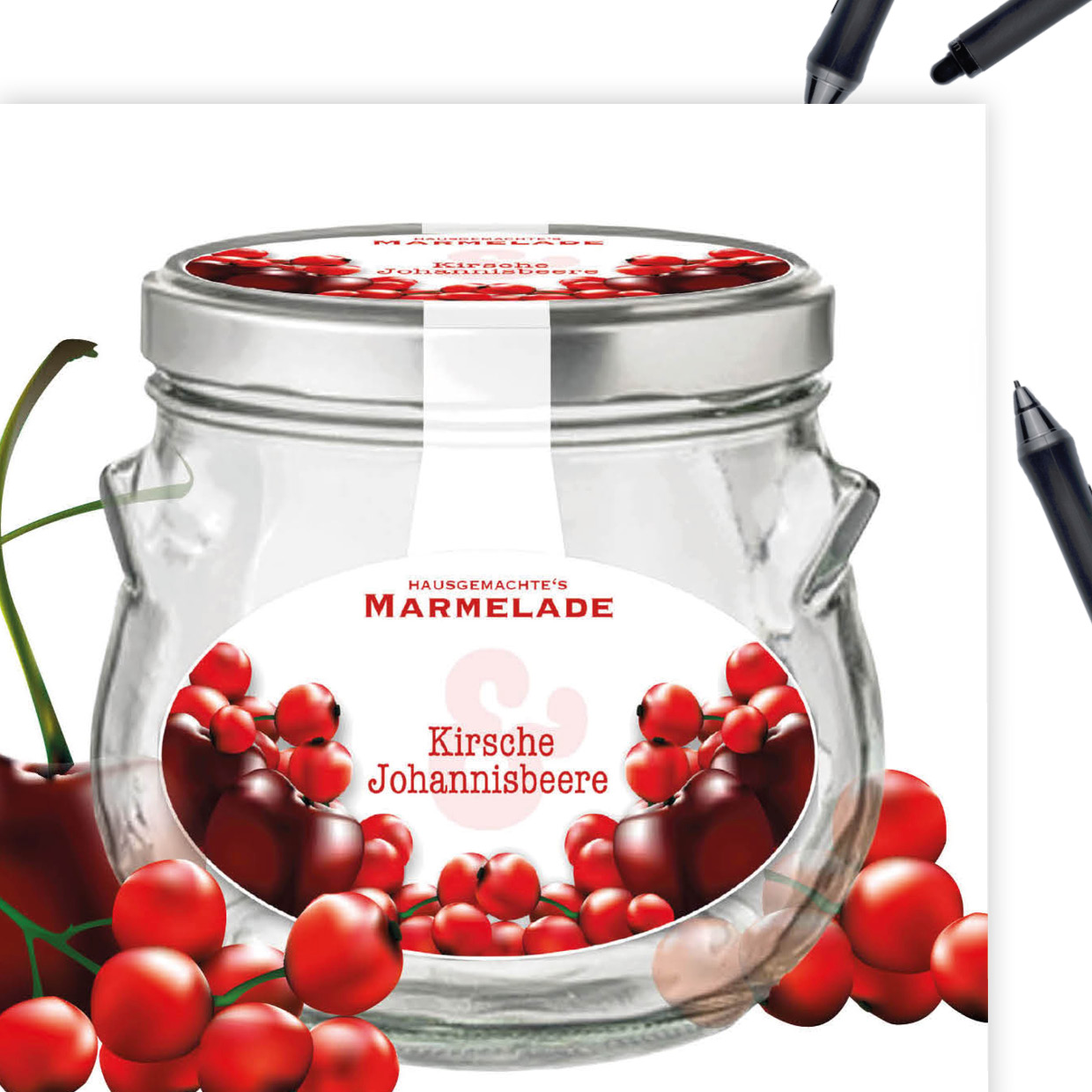 thewedesign, Art Mockup. Digitale Kunst Illustration von Früchten, dargestellt auf einem leeren Marmeladenglas, Etikettdesign.