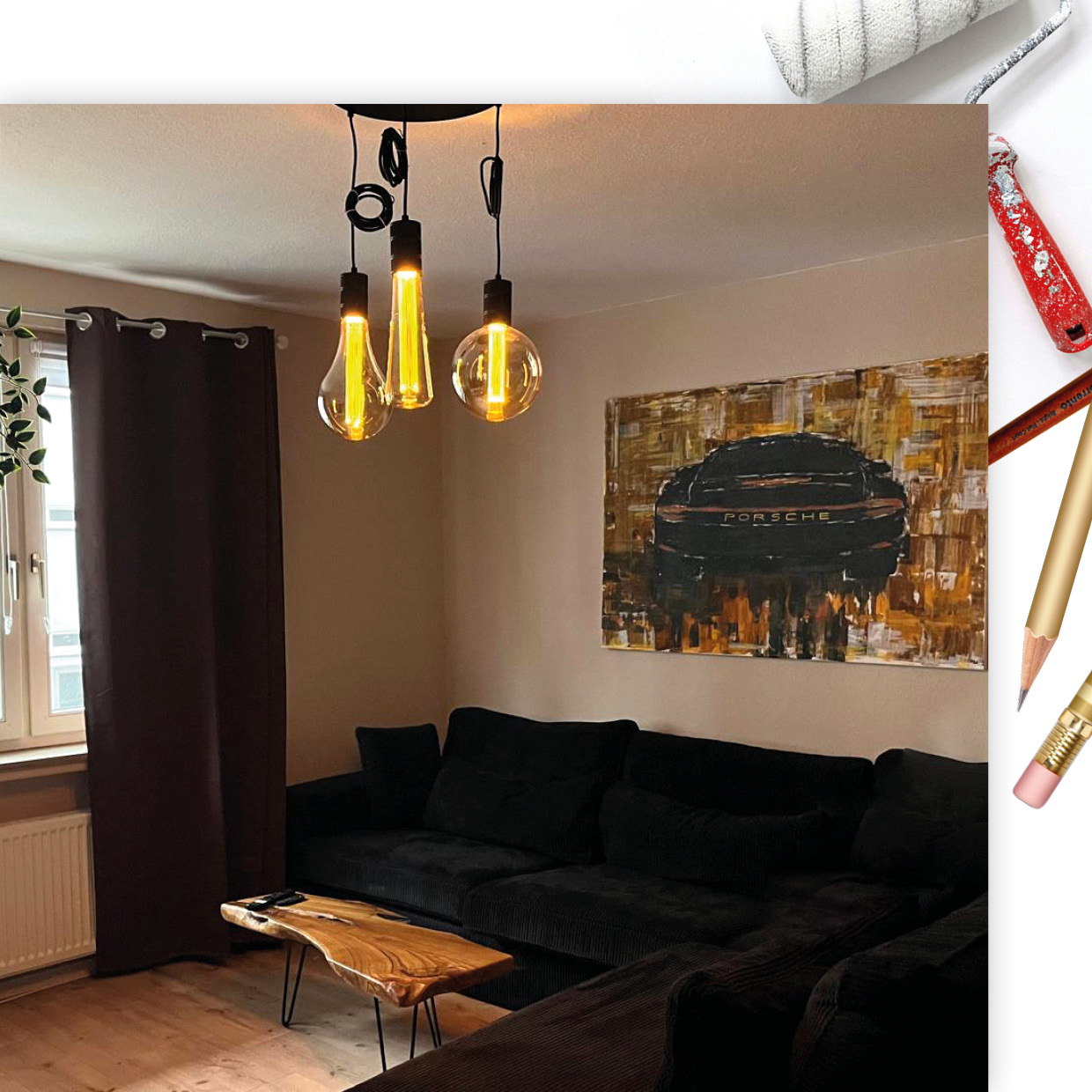 thewedesign, Art Mockup. Interiordesign- und Umsetzung für ein Wohnzimmer in Erd-Farben (braun, beige, schwarz und Holz, warmes Licht). An der Wand ein Leinwandbild von Theresa Wedeking, passend zum Raum.