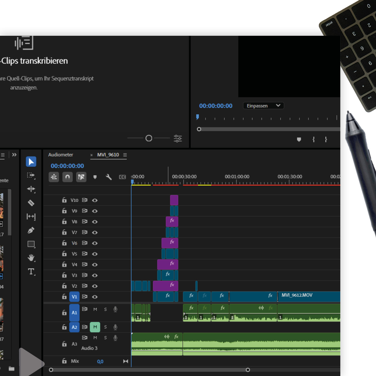 thewedesign, Cutting Mockup. Ansicht des Schnittfensters einer aufwendigen Videobearbeitung.