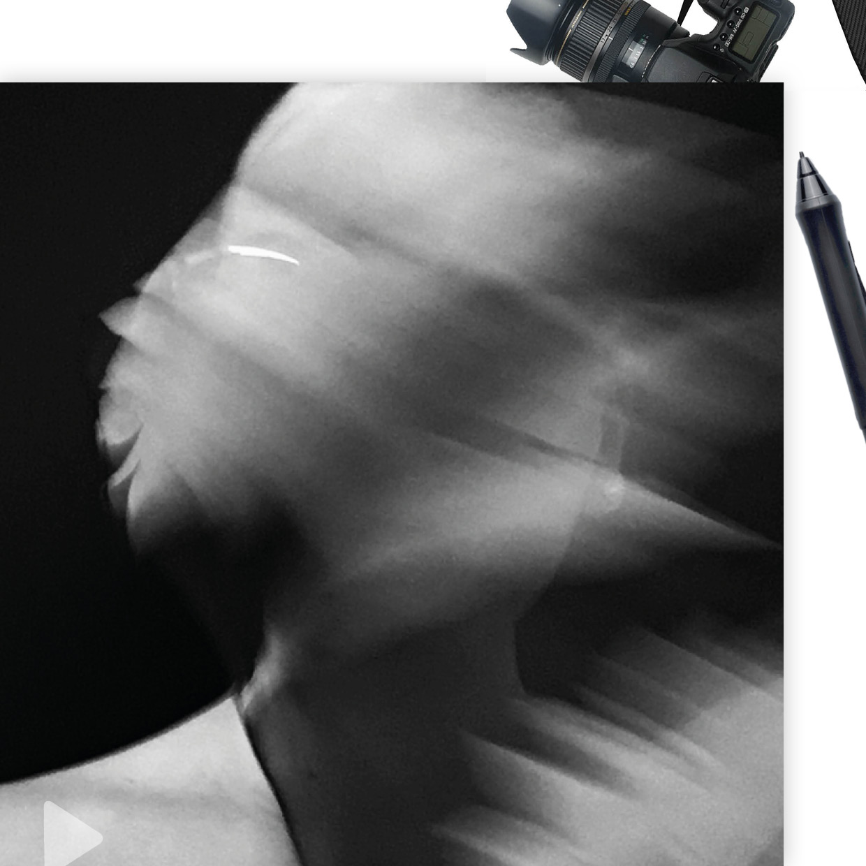 thewedesign, Cutting Mockup. Standbild-Ansicht eines kurzen abstrakten Clip mit einem Tuch und dem Gesicht einer Person in schwarz-weiß.