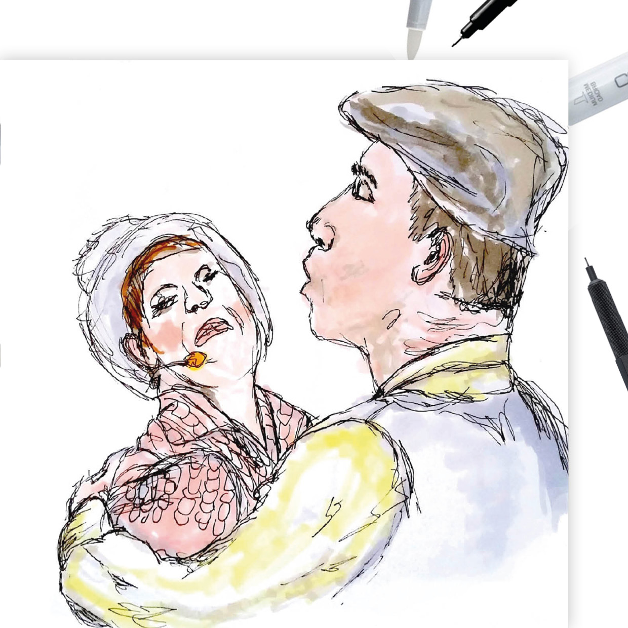 thewedesign, Illustration Mockup. Analoge Illustration einer Theaterszene (Mann und Frau), erstellt mit scharzem Fineliner und coloriert mit Copic Ciao Markern.