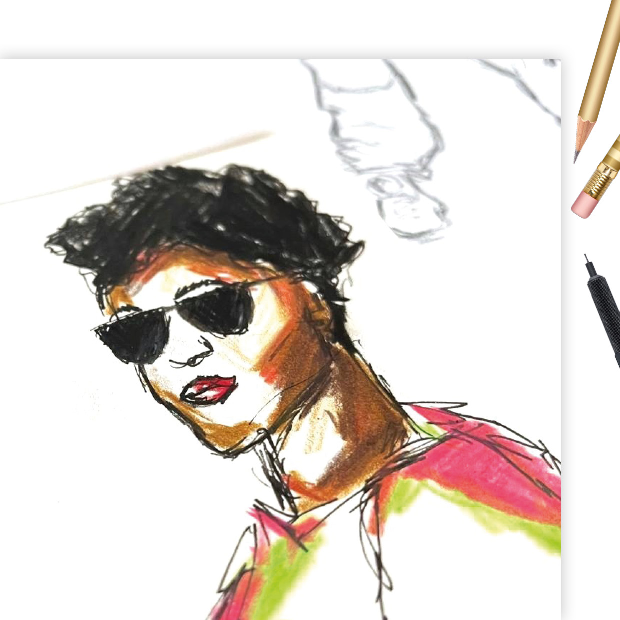 thewedesign, Illustration Mockup. Analoge Illustration einer Schwarzen Frau mit Sonnenbrille, im Hintergrund eine Bleistift Zeichnung des Outfits.