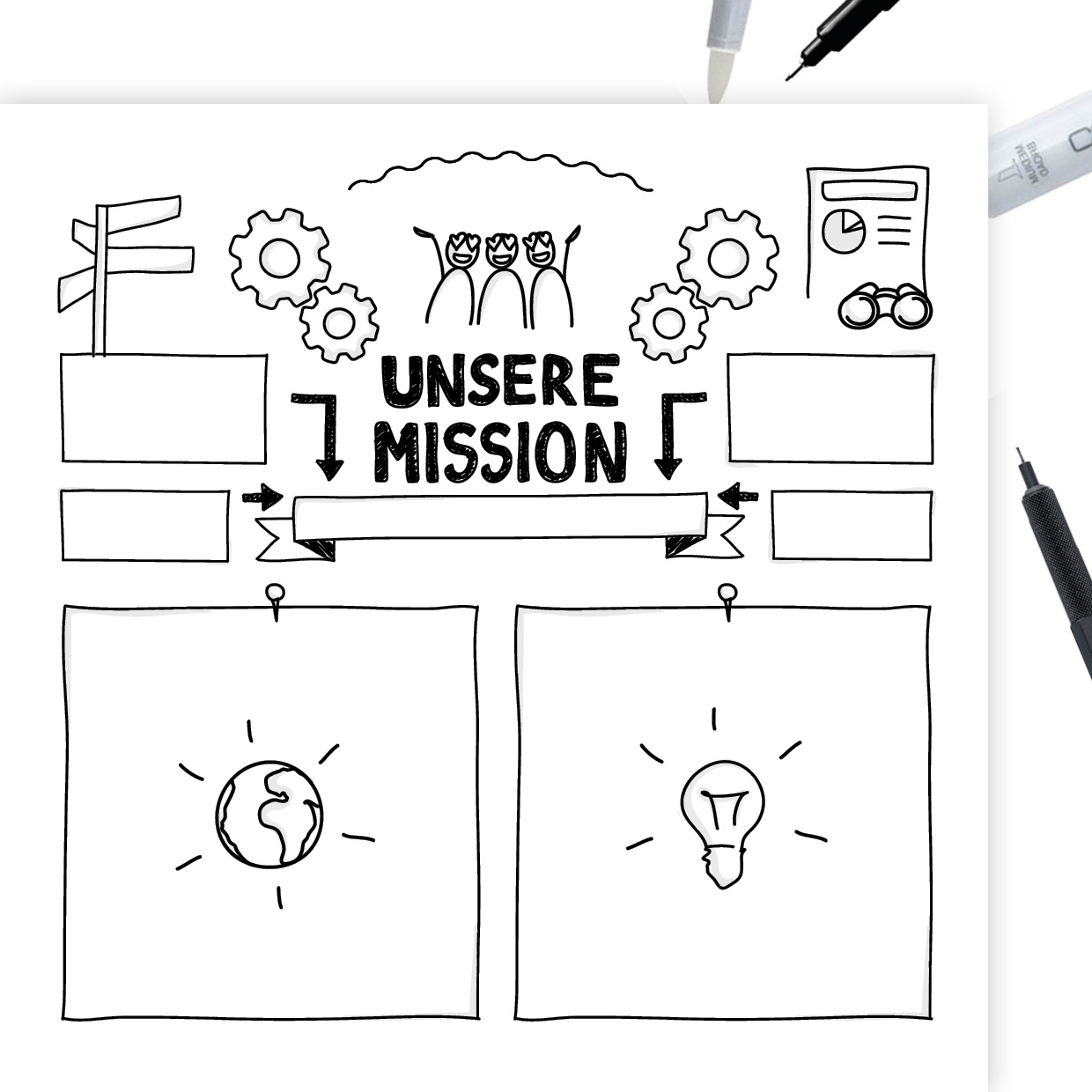 thewedesign, Illustration Mockup. Digitale Illustration im Sketchnoting Stil. Beispiele für die Darstellung einer Firmen-Mission.