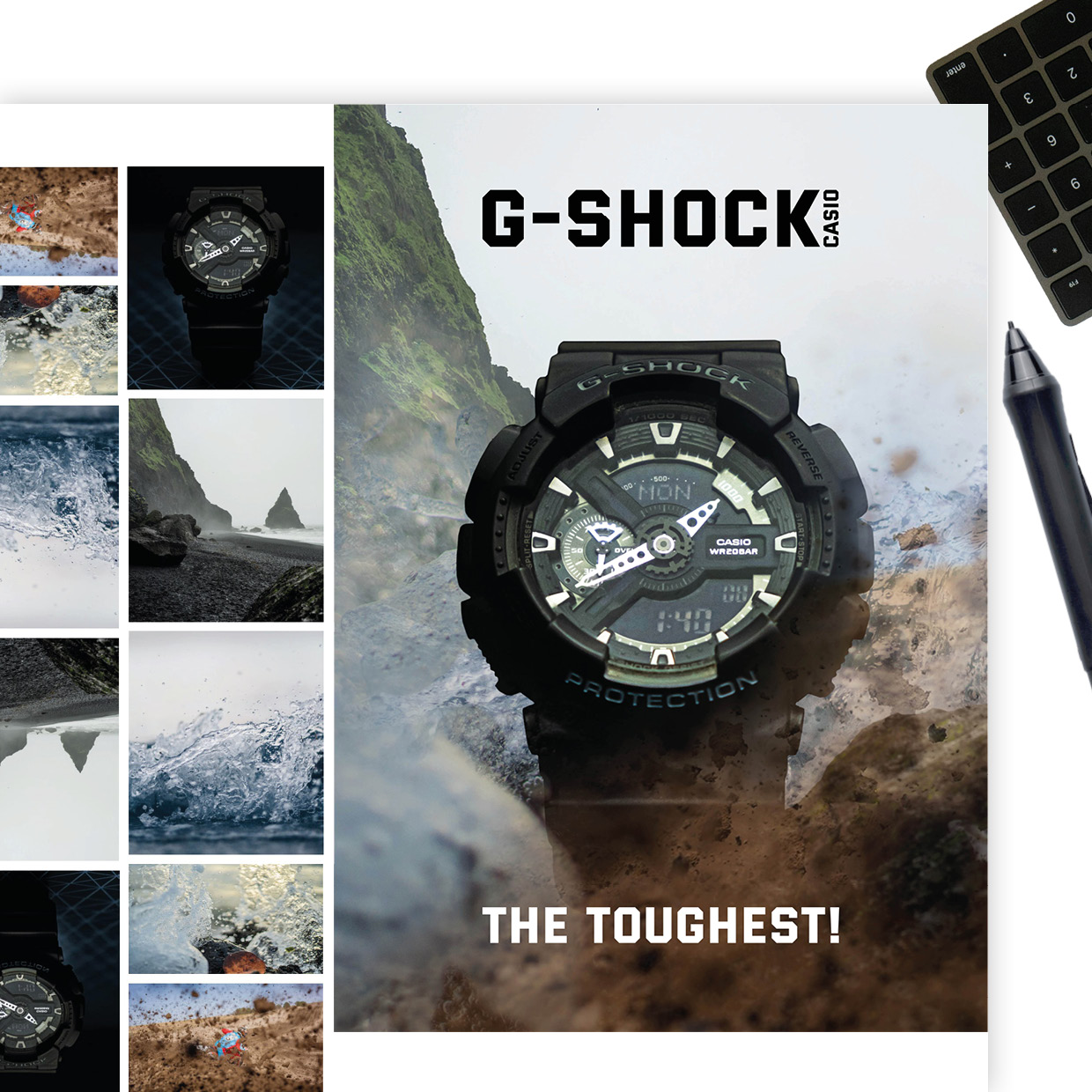 thewedesign, Multimedia Design Mockup. Bearbeitung und Bildmontage asu mehreren Bildern für die Werbung einer G-Shock Digitaluhr auf einem digitalen Plakat.