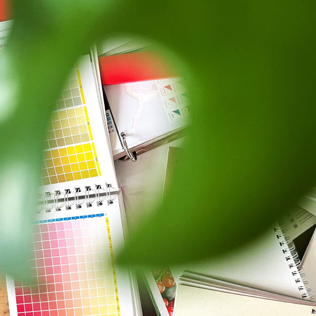 thewedesign Bild von Druckmustern, im Vordergrund verschwommen das Blatt einer Pflanze.