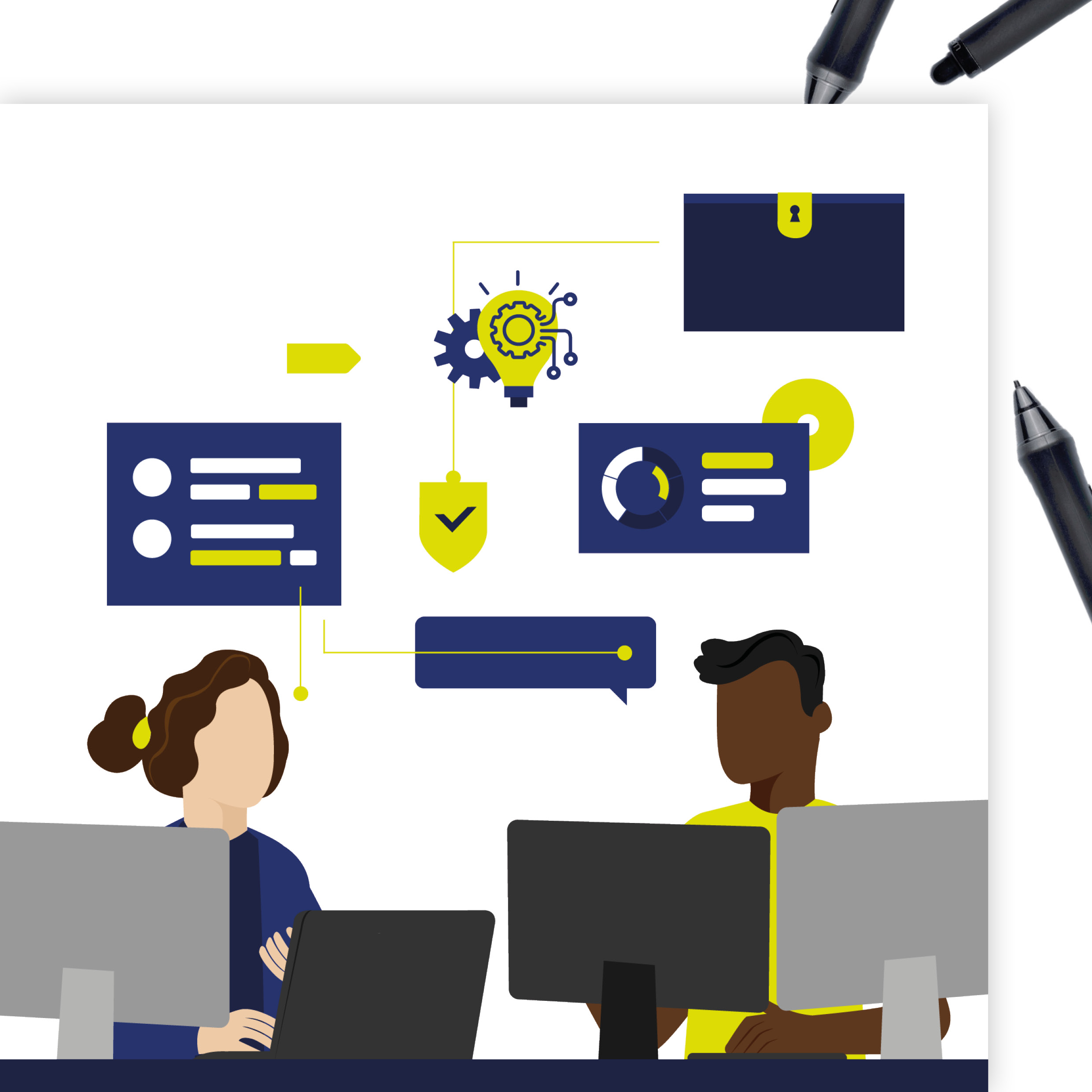 thewedesign, Illustration Mockup. Digitale Illustration für die Website der Aerospace Data Security GmbH. Darstellung zweier Mitarbeitenden mit abstrakter Darstellung eines Workflows.